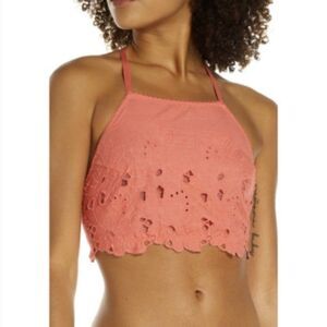 Free People Intimately Eyelet June Halter Cropped Bralette in Coral